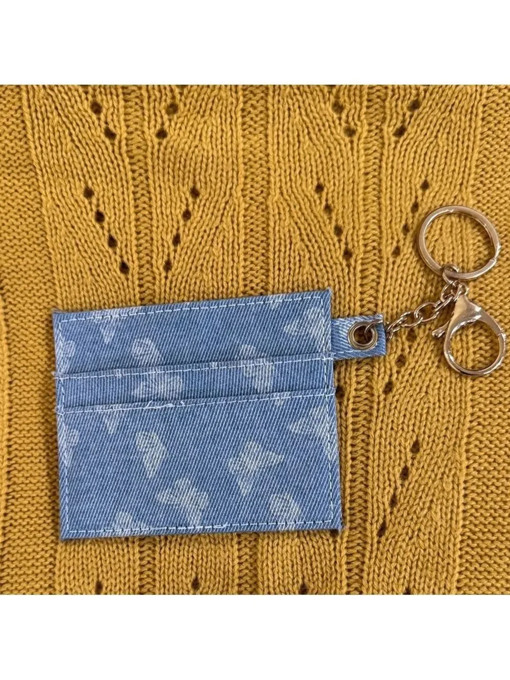 Blue Floral Denim Keychain Wallet set of two keychains Credit card holder